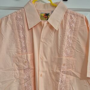 Guayabera By Haband Mens Shirt Button Up Short Sleeve Light Peach Embroidery